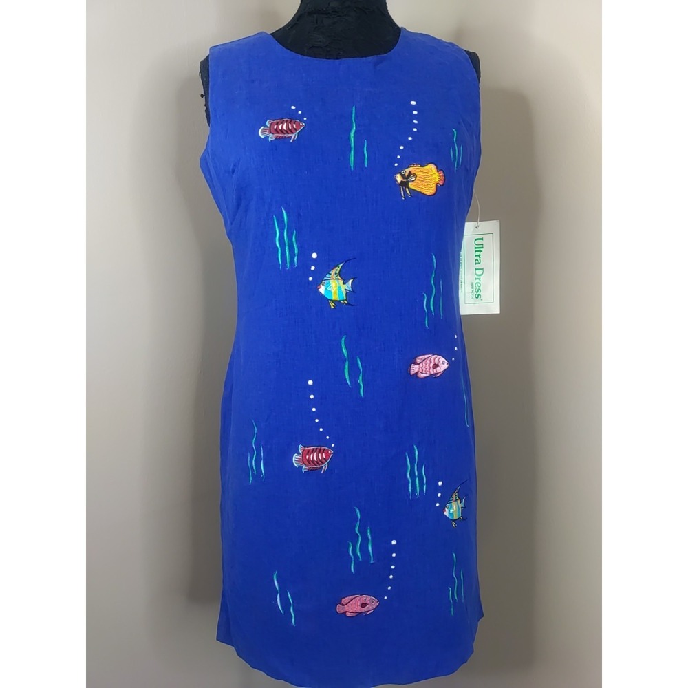 Ultra Dress Blue Multicolored Embroidery Fish Thene Linen Blend Dress Size 10P